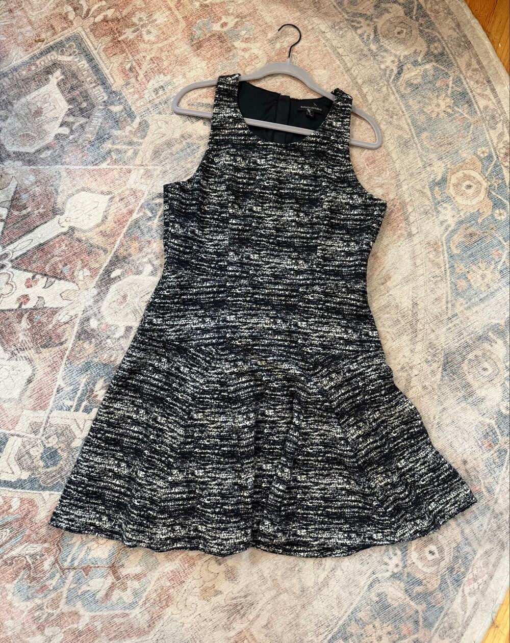 Banana Republic Italian Black Ivory Tweed Fit Flare Stretch Dress Zipper, Sz 12
